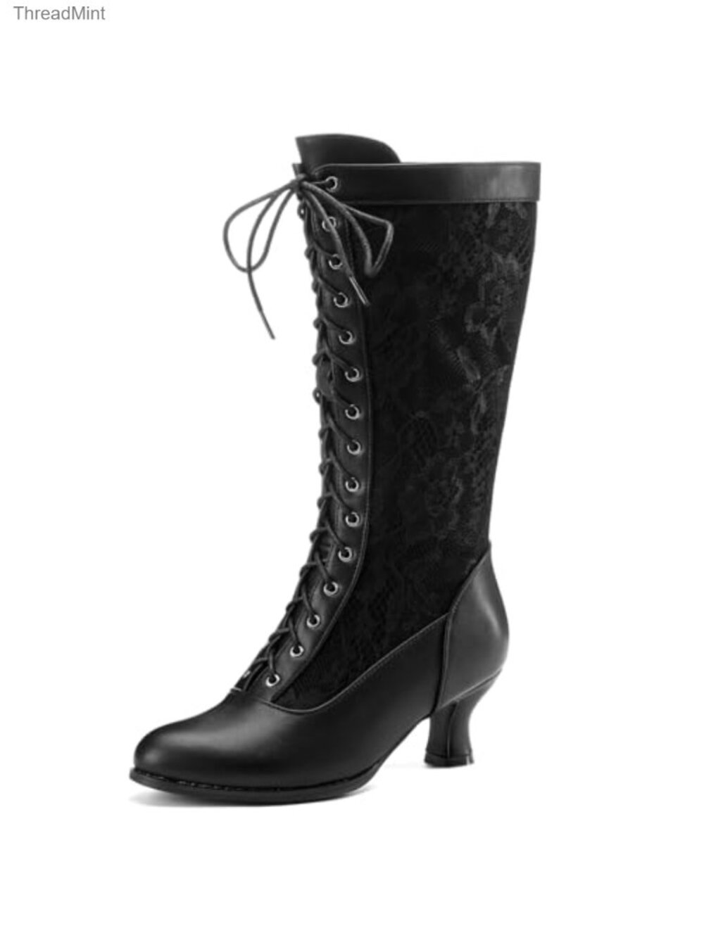 Victorian Knee-High Boots Faux Leather Lace-Up Zip Closure